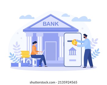 Mobile banking concept. Man puts coins in smartphone, girl makes cashless transfers from laptop. Modern technologies and digital world. Fast transactions metaphor. Cartoon flat vector illustration