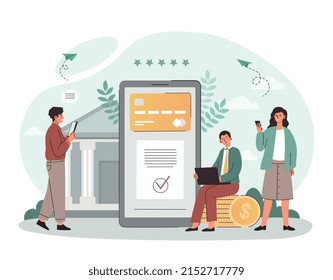 Mobile banking concept. Men and girls transfer money to each other. Modern technologies and digital world, electronic transactions and cashless transactions. Cartoon flat vector illustration