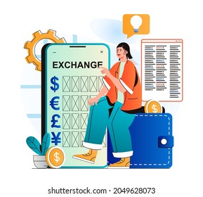 Mobile banking concept in modern flat design. Woman exchanges currency between e-wallets in mobile application. Client uses bank account online, receives financial services. Vector illustration