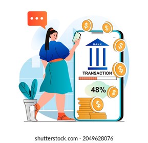 Mobile banking concept in modern flat design. Woman receives financial services in mobile application. Client uses bank account online, conducts transactions, stores savings. Vector illustration
