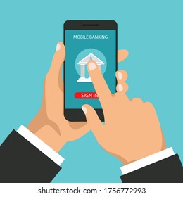 Mobile banking concept. Money transaction, business and mobile payment. Businessman holds a phone and signs in app. Vector illustration in a flat trendy style.