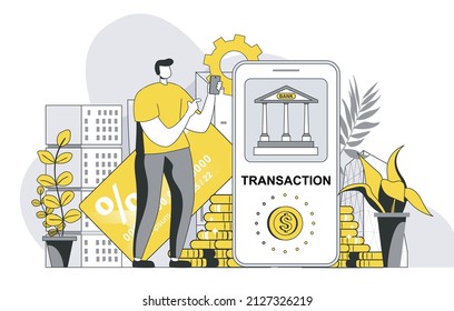 Concepto de banca móvil con escena de gente esquemática. El hombre realiza pagos en línea y transacciones financieras usando una cuenta personal en una aplicación móvil. Ilustración vectorial en diseño de línea plana para plantilla web