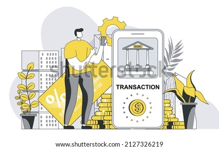 Mobile banking concept with outline people scene. Man makes online payment and financial transactions using personal account in mobile app. Vector illustration in flat line design for web template