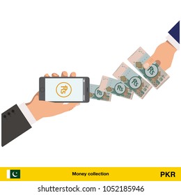 Mobile banking concept. Pakistan rupee banknote. Transferring Money vector illustration

