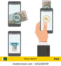 Mobile banking concept. Pakistan rupee banknote. Transferring Money vector illustration

