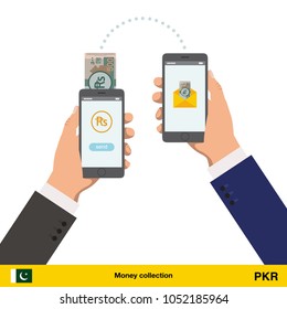 Mobile banking concept. Pakistan rupee banknote. Transferring Money vector illustration

