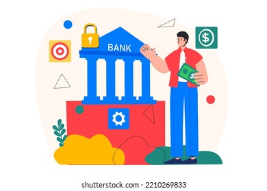 Mobile banking concept with people scene in the flat cartoon design. Man deposits funds into his bank account to pay for goods over the phone. Vector illustration.