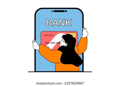 Concepto de banca móvil con escena de personas en diseño web plano. Mujer que utiliza una solicitud bancaria en línea para el control financiero de la tarjeta de crédito. Ilustración vectorial para banner de medios sociales, material de marketing.