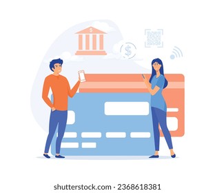 Mobile banking concept, people standing near credit cards and using mobile smart phone for online banking and accounting, flat vector modern illustration