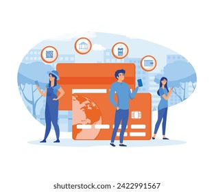 Mobile banking concept. People standing near credit cards and using mobile smart phone for online banking and accounting. flat vector modern illustration 