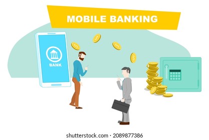 Mobile banking concept. People using mobile phone to control and supervise their finances flat design vector illustration