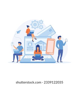 Mobile banking concept, people using laptop and mobile smart phone for online banking and accounting.  flat vector modern illustration 