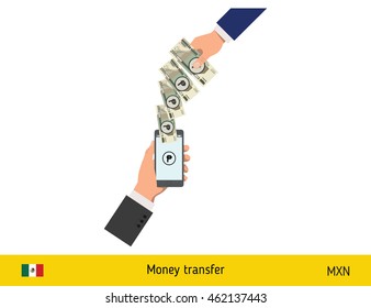 Mobile banking concept. Peso banknote. Transferring Money vector illustration