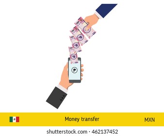 Mobile banking concept. Peso banknote. Transferring Money vector illustration