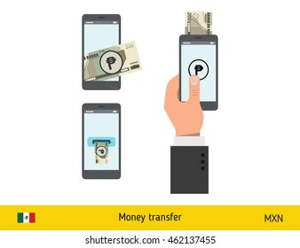 Mobile banking concept. Peso banknote. Transferring Money vector illustration