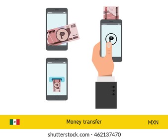 Mobile banking concept. Peso banknote. Transferring Money vector illustration