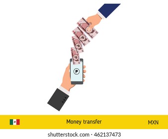 Mobile banking concept. Peso banknote. Transferring Money vector illustration