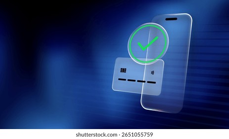 Conceito de banco móvel com telefone, cartão de crédito e marca de verificação feita de vidro transparente. Transação online concluída.