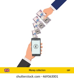 Mobile banking concept. Pound banknote. Transferring Money vector illustration