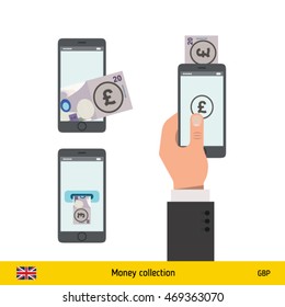 Mobile banking concept. Pound banknote. Transferring Money vector illustration