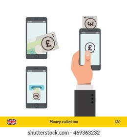 Mobile banking concept. Pound banknote. Transferring Money vector illustration