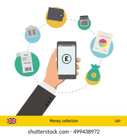 Mobile banking concept. Pound banknote. Transferring Money vector illustration