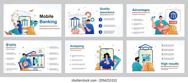 Mobile Banking Concept For Presentation Slide Template. People Pay For Purchases Or Bills, Make Financial Transactions In Mobile Application, Bank Online Service. Vector Illustration For Layout Design