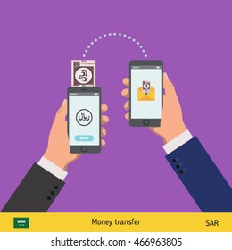 Mobile banking concept  in purple background. Riyal banknote. Transferring Money vector illustration