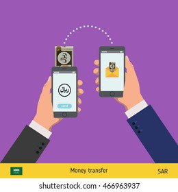 Mobile banking concept  in purple background. Riyal banknote. Transferring Money vector illustration
