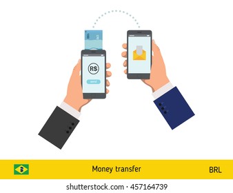 Mobile banking concept. Real banknote. Transferring Money vector illustration