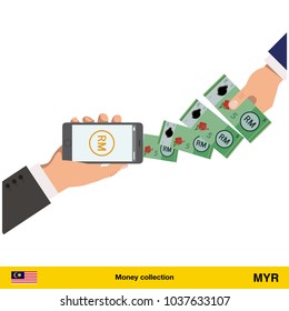 Mobile banking concept. Ringgit banknote. Transferring Money vector illustration