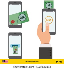Mobile banking concept. Ringgit banknote. Transferring Money vector illustration