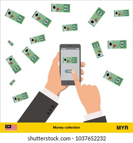 Mobile banking concept. Ringgit banknote. Transferring Money vector illustration