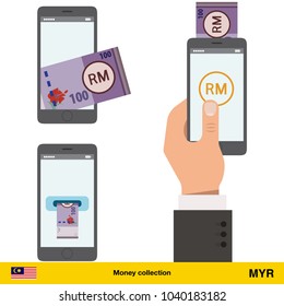 Mobile banking concept. Ringgit banknote. Transferring Money vector illustration