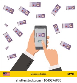 Mobile banking concept.  Ringgit banknote. Transferring Money vector illustration