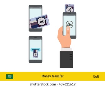 Mobile banking concept. Riyal banknote. Transferring Money vector illustration