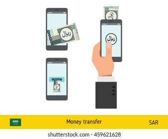 Mobile banking concept. Riyal banknote. Transferring Money vector illustration