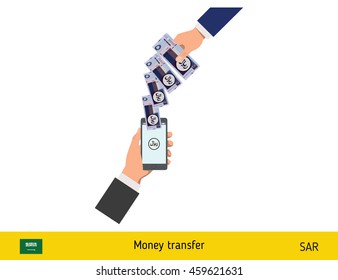 Mobile banking concept. Riyal banknote. Transferring Money vector illustration