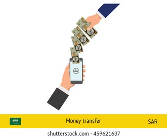 Mobile banking concept. Riyal banknote. Transferring Money vector illustration