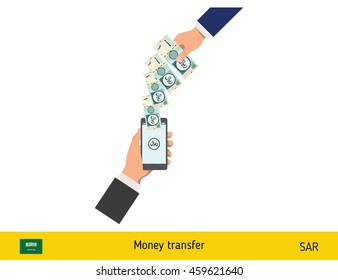 Mobile banking concept. Riyal banknote. Transferring Money vector illustration