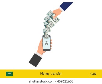 Mobile banking concept. Riyal banknote. Transferring Money vector illustration