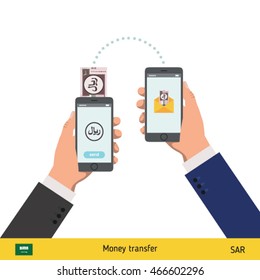 Mobile banking concept. Riyal banknote. Transferring Money vector illustration