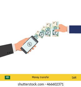 Mobile banking concept. Riyal banknote. Transferring Money vector illustration