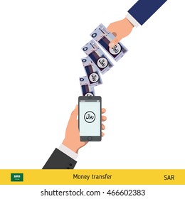 Mobile banking concept. Riyal banknote. Transferring Money vector illustration