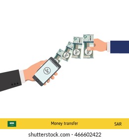 Mobile banking concept. Riyal banknote. Transferring Money vector illustration