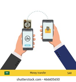 Mobile banking concept. Riyal banknote. Transferring Money vector illustration