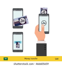 Mobile banking concept. Riyal banknote. Transferring Money vector illustration
