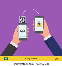Mobile banking concept. Riyal banknote. Transferring Money vector illustration