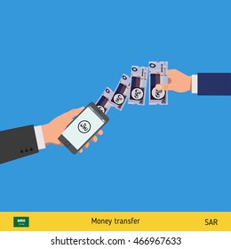 Mobile banking concept. Riyal banknote. Transferring Money vector illustration