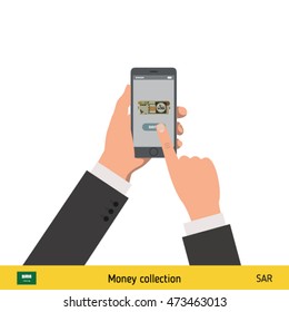 Mobile banking concept. Riyal banknote. Transferring Money vector illustration